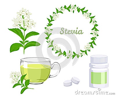 Stevia set. Bottle with pills, tablets, herbal tea, wreath and plant. Vector Illustration