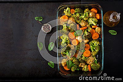 Stew of baked vegetables and chicken fillet. Healthy food. Stock Photo