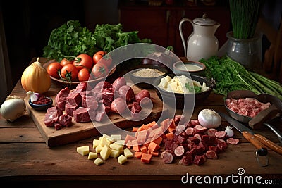stew ingredients prepped on a board, knife nearby Stock Photo