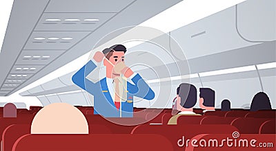 Steward explaining for passengers how to use oxygen mask in emergency situation male flight attendant safety Vector Illustration