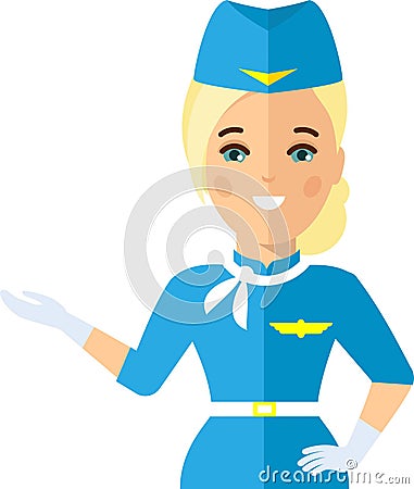 Stewardess air hostess in Uniform in Flat Style. Vector Illustration