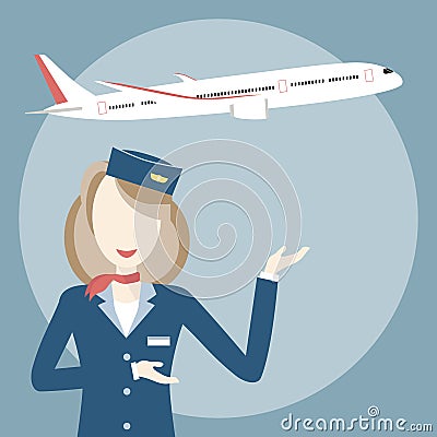 Stewardess and Airplane Vector Illustration