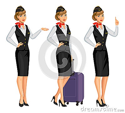 Stewardess in black uniform. Flying attendants, air hostess. Vector Illustration
