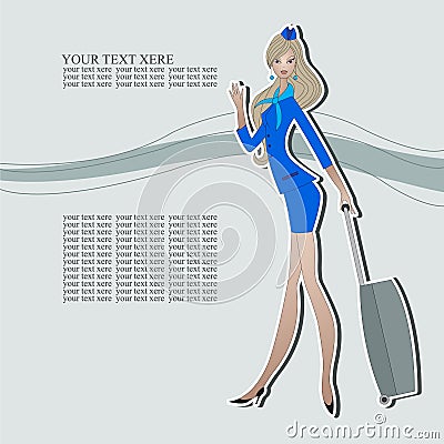 Stewardess in a blue suit with a suitcase. Vector Illustration