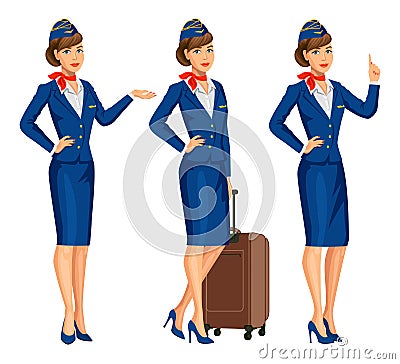 Stewardess in blue uniform. Flying attendants, air hostess Vector Illustration