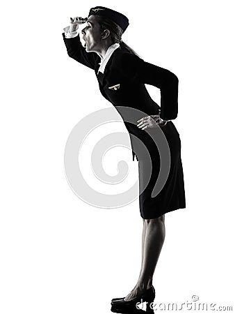 Stewardess cabin crew woman looking away surprised isolated silh Stock Photo