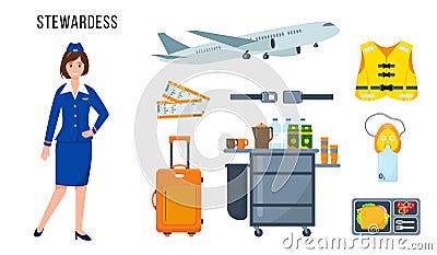 Stewardess character and elements for her work. Vector Illustration