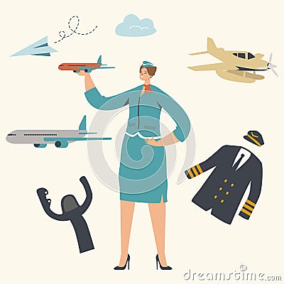 Stewardess Character Wearing Uniform Holding Airplane Model in Hand. Airline Transportation Service, Plane Crew Vector Illustration