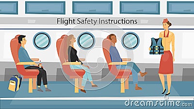 Stewardess is explaining safety instructions with life vest for passengers flight attendant demonstrating how to use it Vector Illustration