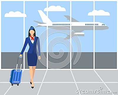 Stewardess Holding Suitcase. flying attendants ,air hostess , Vector illustration.Profession: stewardess. Vector Illustration