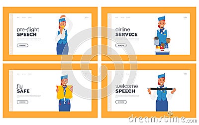 Stewardess Landing Page Template Set. Flight Attendant in Uniform Explain Information to Passengers in Airplane Vector Illustration