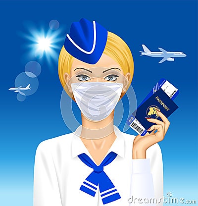 The stewardess in a medical mask holds a passport and a ticket in her hand Vector Illustration