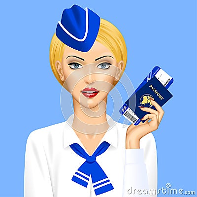 Stewardess with passport and air ticket in hand on blue background Vector Illustration