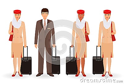 Stewardess and pilot muslim characters. Flying team real people standing in uniform with suitcases. Vector Illustration