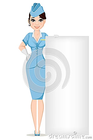 Stewardess in professional uniform. Cute smiling woman working as air hostess standing near big sign. Vector Illustration