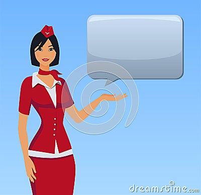 Stewardess in red uniform. Flying attendants, air hostess pointing on information or standing with bag. Vector Illustration