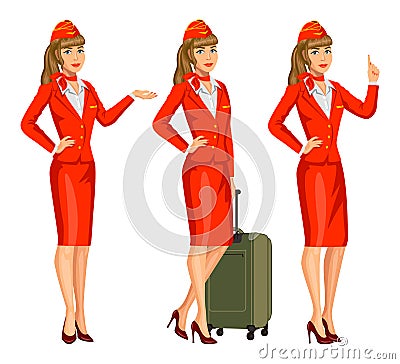Stewardess in red uniform. Flying attendants, air hostess Vector Illustration