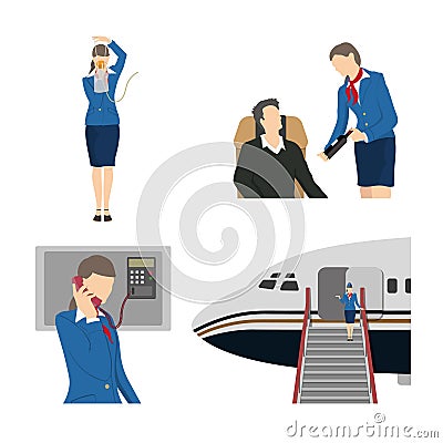 Stewardess serves passengers on the airplane. Attendant woman in uniform. Aircraft crew. Vector Illustration