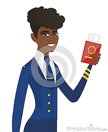 Stewardess showing passport and airplane ticket. Vector Illustration