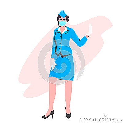Stewardess in uniform wearing face mask to prevent coronavirus pandemic covid-19 quarantine Vector Illustration