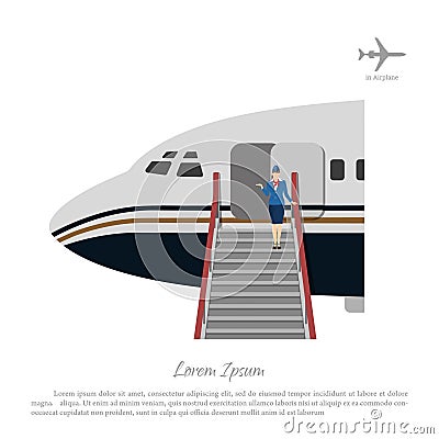 Stewardess welcomes passengers at the aircraft ladder. Flight attendant near the airplane door Vector Illustration