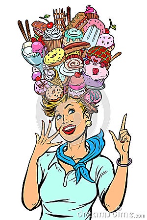 Stewardess woman dreams of sweet Vector Illustration