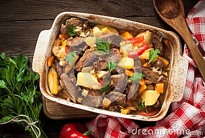Stewed beef with pumpkin and vegetables. Stock Photo