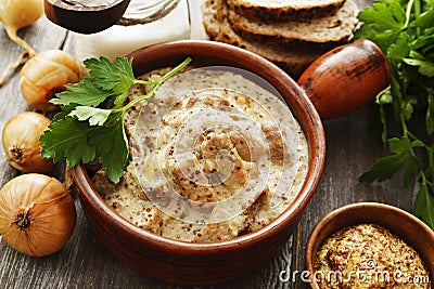 Stewed pork with mustard sauce Stock Photo