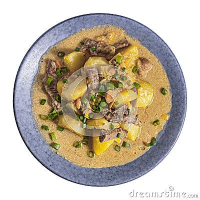 Stewed potatoes with meat gravy and scallions Stock Photo