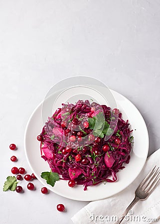 Stewed red cabbage with apples, cranberry sauce, cranberries, spices and greens on gray background Stock Photo