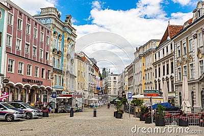 Steyr, Austria - July 10, 2019: Colorful buildings in Steyer city center Editorial Stock Photo