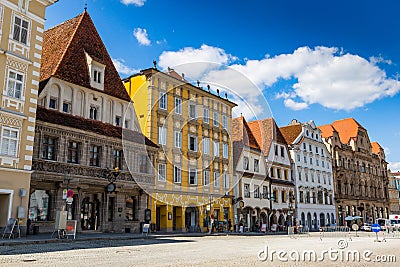 Steyr, Austria - July 10, 2019: Colorful buildings in Steyer city center Editorial Stock Photo