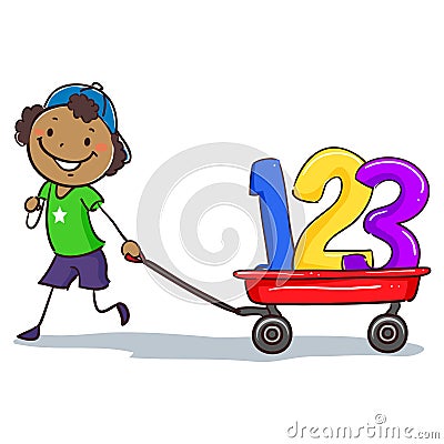 Stick Black Boy Pulling wagon with 123 Vector Illustration