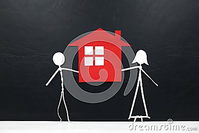 Stick couple figure together holding a red house cutout in black background. Home ownership, housing loan concept. Stock Photo