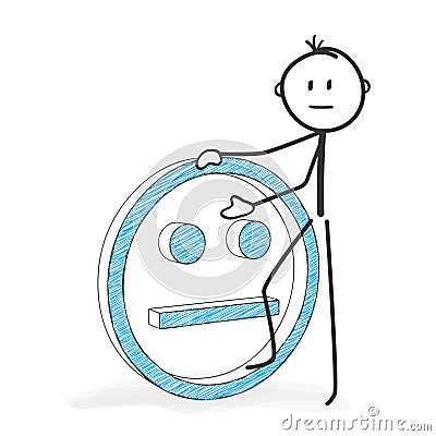 Stick Figure Cartoon - Stickman with a Neutral Smiley Icon. Stock Photo