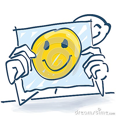 Stick figure behind a note paper and a happy face on it Vector Illustration