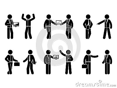 Stick figure business cooperation icon set. Vector illustration of workmates isolated on white. Vector Illustration