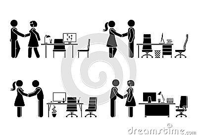 Stick figure business male, female at meeting, negotiation, good deal vector icon set. Stick man, woman office workers handshaking Vector Illustration