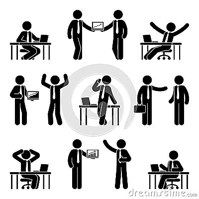Stick figure business man icon set. Vector illustration of male at workplace isolated on white. Vector Illustration