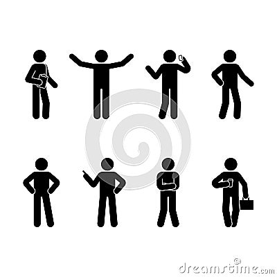 Stick figure business man standing set. Vector illustration of different human poses on white. Vector Illustration