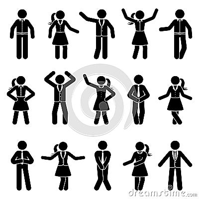 Stick figure business man and woman standing front view different poses vector icon pictogram set Vector Illustration