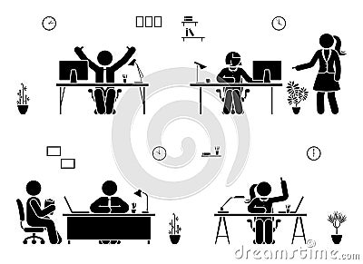 Stick figure business office vector icon people. Man and woman working, solving, reporting pictogram. Vector Illustration