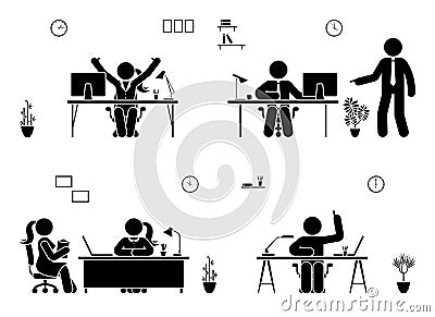 Stick figure business office vector icon people pictogram. Man and woman working, solving, reporting silhouette. Vector Illustration