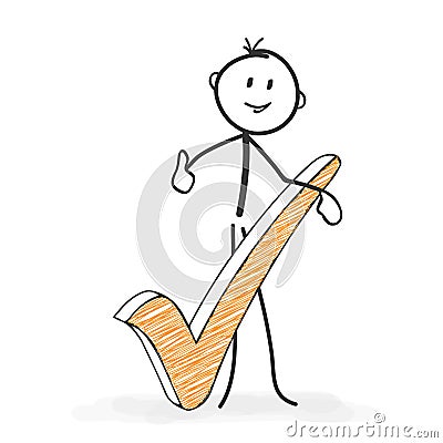 Stick Figure Cartoon - Stickman with an Checkmark Icon. Everything OK. Stock Photo