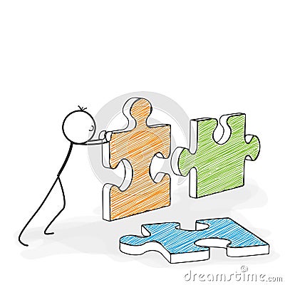 Stick Figure Cartoon - Stickman Pushes Puzzle Icons Together. Stock Photo