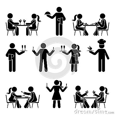 Stick figure chef cook, waitress, waiter vector icon pictogram. Eating at restaurant, dating, hungry, dinner stickman silhouette Vector Illustration