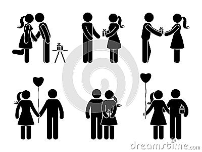 Stick figure couple with gift set. Man and woman in love vector illustration. Boyfriend and girlfriend hugging, giving present. Vector Illustration