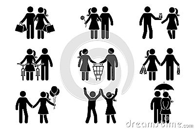 Stick figure couple man, woman, shopping, dating, giving present, riding bike, standing with balloons, umbrella dancing vector Stock Photo