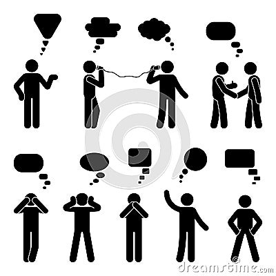 Stick figure dialog speech bubbles set. Talking, thinking, communicating body language man conversation icon pictogram. Vector Illustration