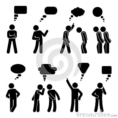 Stick figure dialog speech bubbles set. Talking, thinking, whispering body language man conversation icon pictogram. Vector Illustration